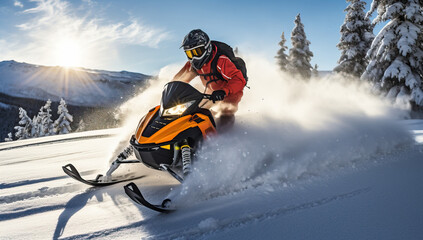 Athlete on a snowmobile moving in the mountains at sunset. - obrazy, fototapety, plakaty