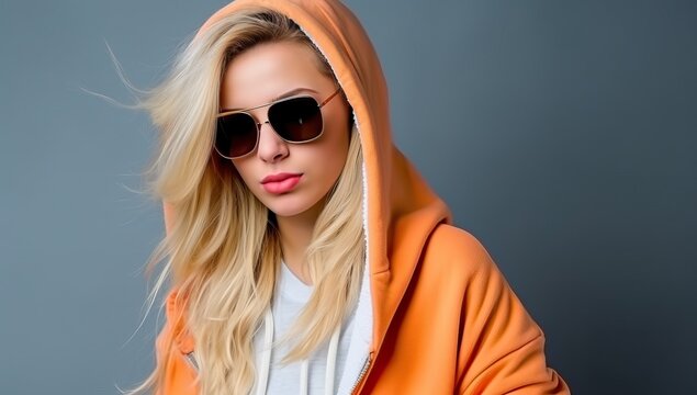 Portrait of a blonde girl in an orange jacket and sunglasses