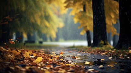 landscape autumn rain drops splashes in the forest background, october weather landscape beautiful park - obrazy, fototapety, plakaty