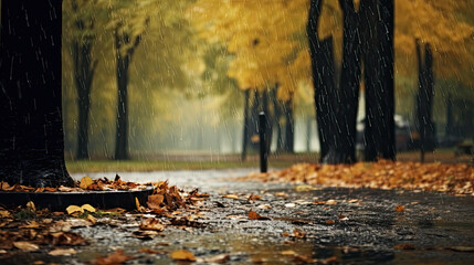 landscape autumn rain drops splashes in the forest background, october weather landscape beautiful park - Powered by Adobe