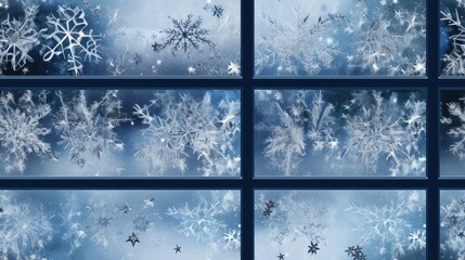  a bunch of snowflakes that are on a window sill with snow flakes on the windowsill.  generative ai