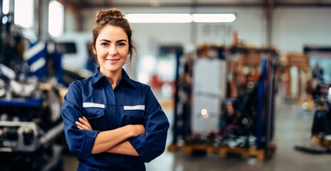 Smiling young  car mechanic woman posing with arm crossed  in auto repair shop, mechanic woman happy working in car garage,  - Powered by Adobe