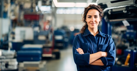 Smiling young  car mechanic woman posing with arm crossed  in auto repair shop, mechanic woman happy working in car garage,  - obrazy, fototapety, plakaty
