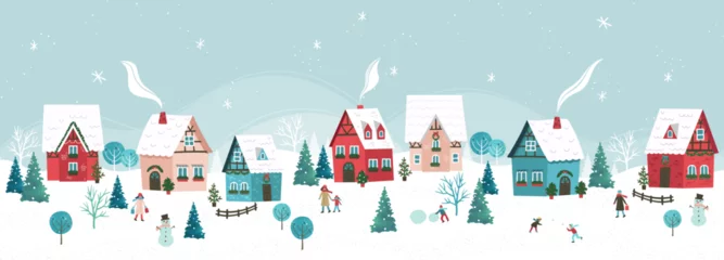 Foto op Plexiglas Cute hand drawn seamless Winter landscape with happy people playing, shopping, walking, Vector horizontal banner winter wonderland © TALVA