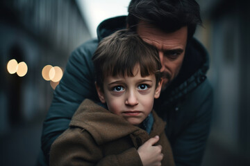 Male criminal kidnaps a frightened boy on the street. Child abduction. Scared kid with maniac man behind him. Violence and crime against children concept