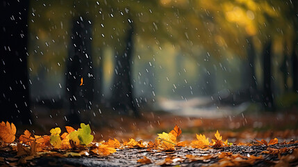landscape autumn rain drops splashes in the forest background, october weather landscape beautiful park - obrazy, fototapety, plakaty