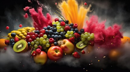  a bunch of fruit that are in the air with a lot of smoke coming out of the top of them.  generative ai