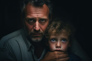 Abuse and domestic violence against children concept. Mature man covers mouth to a frightened child boy with a hand