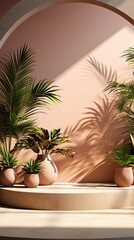 Fototapeta premium Minimal product placement background with palm shadow on concrete wall. Luxury summer architecture interior aesthetic. Modern tropical mockup design. Background with shadow. Generative AI
