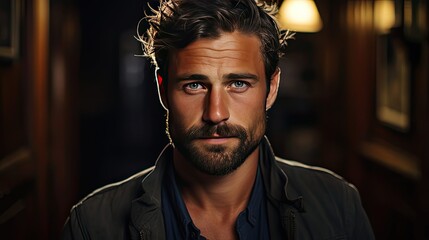 Closeup portrait of smiling handsome man 30s having bristle looking at camera over background. Man face portrait illustration. Generative AI