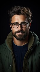 Obraz premium Young handsome man with beard wearing casual sweater and glasses over background happy face smiling with crossed arms looking at the camera. Smile emotion illustration. Generative AI