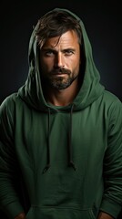 Fototapeta premium Handsome man in green hoodie on background. Man portrait illustration. Generative AI