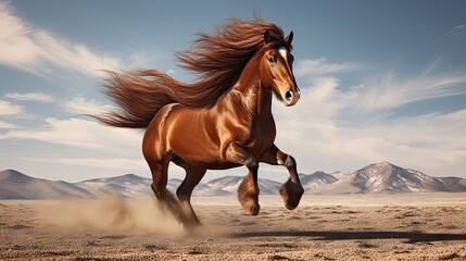  a brown horse is galloping through a desert area with mountains in the background and a blue sky with wispy clouds.  generative ai