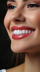 Fototapeta premium Beautiful female smile after teeth whitening procedure. Dental care. Dentistry concept. Dental care illustration. Generative AI