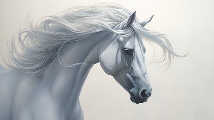 a painting of a white horse with long hair blowing in the wind on a light gray background with a white background.  generative ai - obrazy, fototapety, plakaty