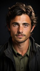 Fototapeta premium Close-up daylight portrait of young smiling handsome man on background. Man face portrait illustration. Generative AI
