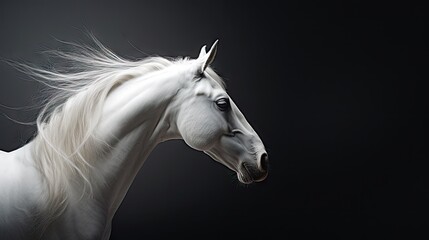 Naklejka na ściany i meble a white horse with long hair standing in front of a black background with its head turned to the side and it's hair blowing in the wind. generative ai