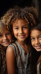 Obraz premium Closeup face of happy multiethnic children embracing each other and smiling at camera. Team of smiling kids embracing together in a circle. People portrait illustration. Generative AI