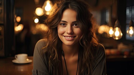 Portrait of beautiful naturally brunette woman, smiling and looking in camera with white teeth. Close-up portrait of cute female girl on background. Smile emotion illustration. Generative AI