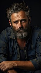 Obraz premium Sad bearded middle-aged man in casual sitting on couch at home, leaning on hands and looking down, upset man having problems. Sad emotion illustration. Generative AI