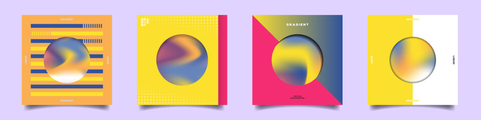 Set of punchy geometric style liquid gradient Abstract Artworks. Colorful layouts in Banana Yellow, Pinkish red, pale orange, and blue. Vector Illustration. For designs, covers, posters, cards.