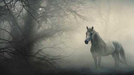  a white horse standing in the middle of a forest on a foggy day with trees in the foreground.  generative ai