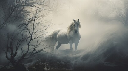  a white horse standing in the middle of a forest on a foggy day with trees in the foreground.  generative ai