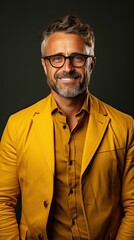 Fototapeta premium Portrait of charming mature man true boss feel content emotions wear yellow shirt over background. Man portrait illustration. Generative AI