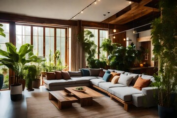 Fototapeta premium An eco-friendly and sustainable living space with recycled materials, indoor plants, and energy-efficient design