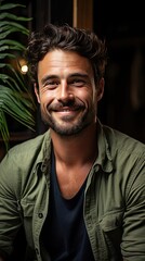 Fototapeta premium Portrait of happy mid adult man sitting on sofa at home. Handsome latin man in casual relaxing on couch and smiling. Cheerful indian guy looking at camera. Generative AI art