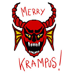 Krampus. Scary krampus. Horned devil. Realistic. Heck. Traditional Christmas devil. Hand drawn illustration for cards, posters, stickers and professional design. Austrian traditions