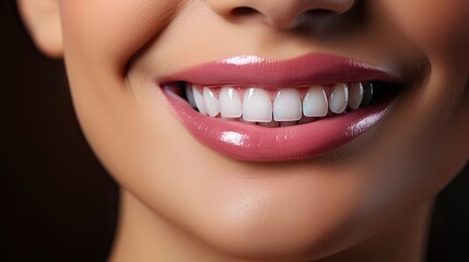 Fototapeta premium Perfect healthy teeth smile of a young woman. Teeth whitening. Dental clinic patient. Image symbolizes oral care dentistry, stomatology. Dental care illustration. Generative AI