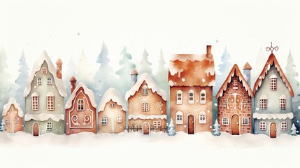  a watercolor painting of a winter scene with a row of houses in the foreground and trees in the background.  generative ai