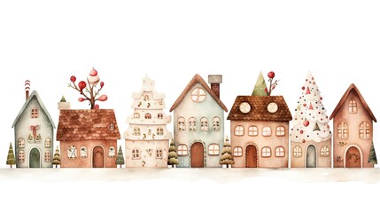  a watercolor drawing of a row of houses with christmas trees and candy canes on top of the houses.  generative ai