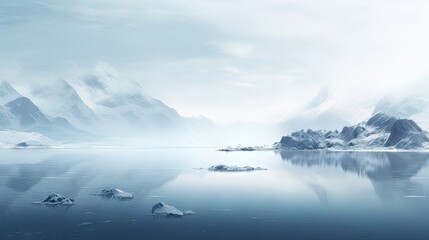  a group of icebergs floating on top of a body of water next to a snow covered mountain range.  generative ai