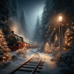 Christmas, atmospheric forest, Christmas train, snowfall, realism, in good quality