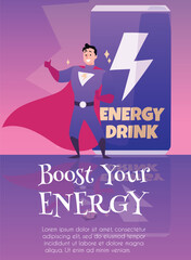 Energy drink can with strong superman, advertising design, Boost your energy vector poster
