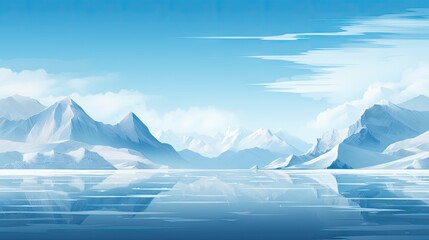  a painting of a mountain range with a body of water in the foreground and a blue sky with clouds in the background.  generative ai