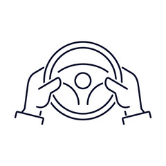 Hands on the car steering wheel. Confident management, control. Movement towards the goal, success. Vector linear icon isolated on white background.