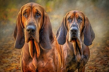 Artwork featuring two bloodhounds created by Linda Braucht, computer graphics. Generative AI - obrazy, fototapety, plakaty