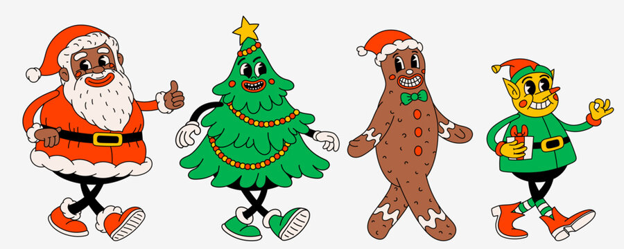 Retro style Christmas cartoon characters. Groovy vintage 70s funny black Santa Claus, Elf, ginger bread man and christmas tree with happy faces and gifts