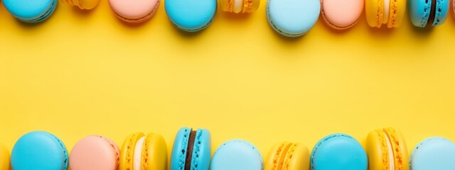 Top view of colorful macaron or macaroon on yellow background. Flat lay.