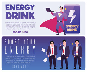 Templates about energy drinks, vector illustration, flat cartoon style