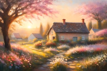 A peaceful countryside scene with a charming cottage nestled among blooming pastel flowers, bathed...