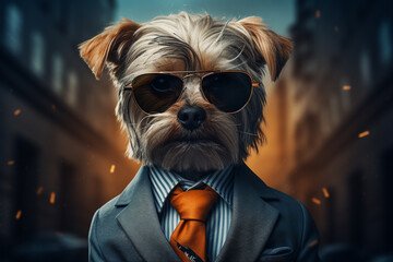 Dog dressed in a business suit, complete with stylish sunglasses. This dog executive exudes an air of authority and attitude. Ai generated