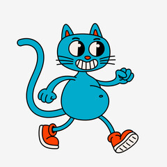 Retro style cartoon cat character. Groovy vintage 70s blue cat character in boots walking.