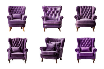 Comfortable purple armchair collection isolated on a transparent background. Interior element