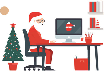 Vector Santa Claus sitting in the office, trading stocks or having a video conference.
