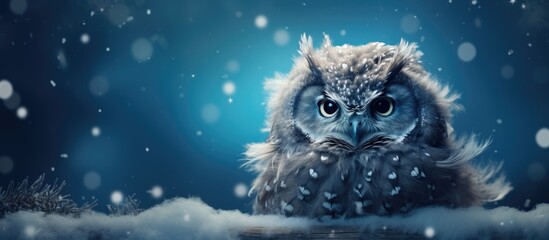 Snowy night with a fluffy monster owl and snowflakes backdrop - obrazy, fototapety, plakaty