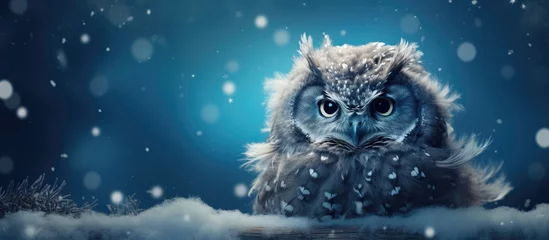 Fototapeten Snowy night with a fluffy monster owl and snowflakes backdrop © 2rogan